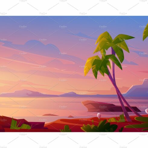 Sunset or sunrise on beach, tropical cover image.