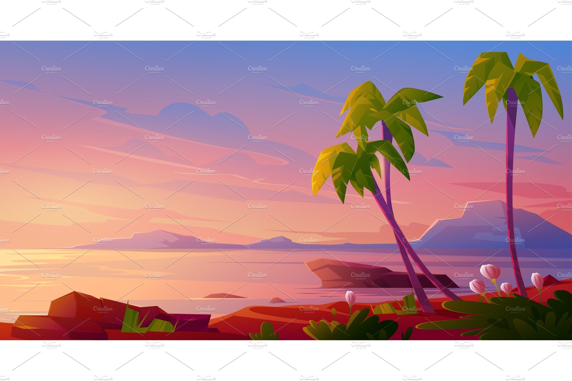 Sunset or sunrise on beach, tropical cover image.