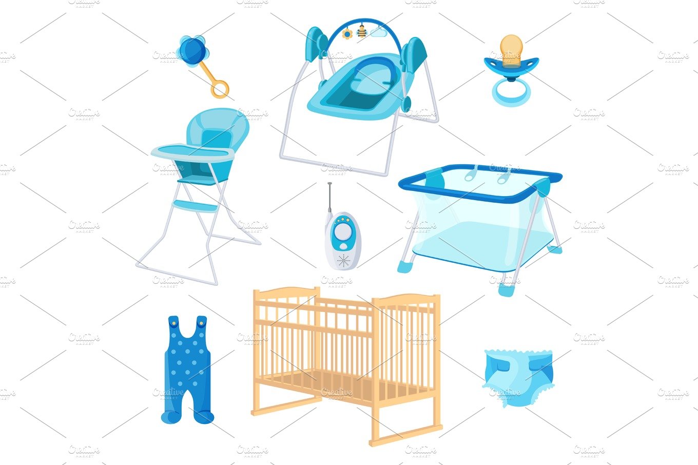 Bedroom furniture for newborn boy on white background cover image.