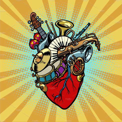 Music in the heart, musical orchestral instruments cover image.