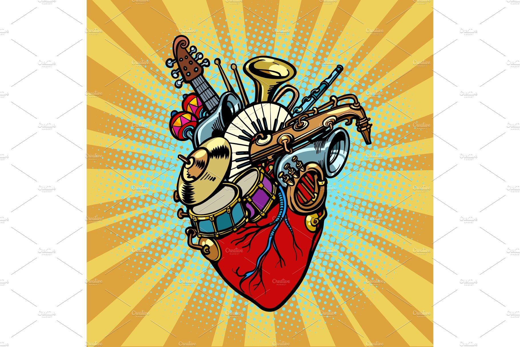 Music in the heart, musical orchestral instruments cover image.