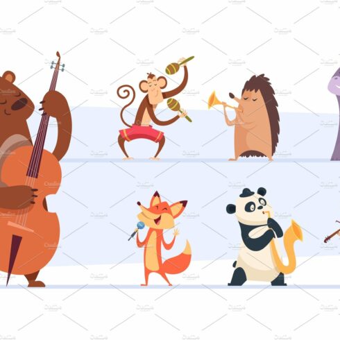 Animals musicians. Wild cartoon zoo cover image.