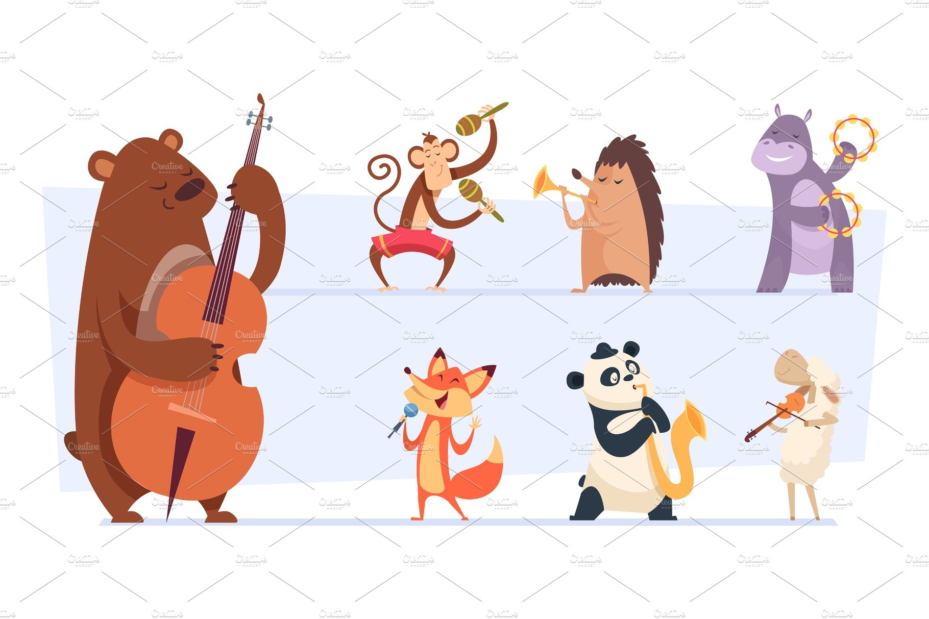 Animals musicians. Wild cartoon zoo cover image.