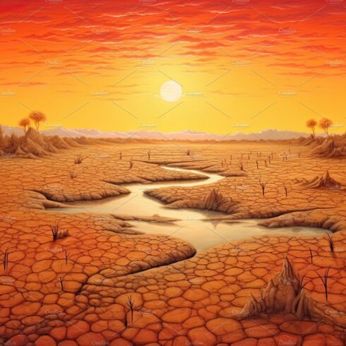 Dry land at sunset, representing drought and lack of water, climate change ... cover image.