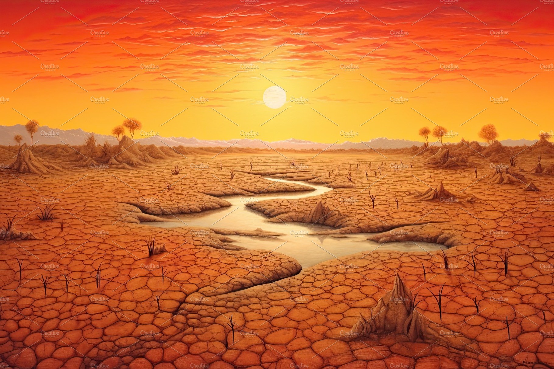 Dry land at sunset, representing drought and lack of water, climate change ... cover image.