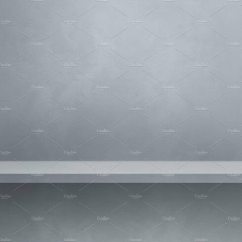 Empty shelf on a grey wall. Background template. Horizontal back cover image.
