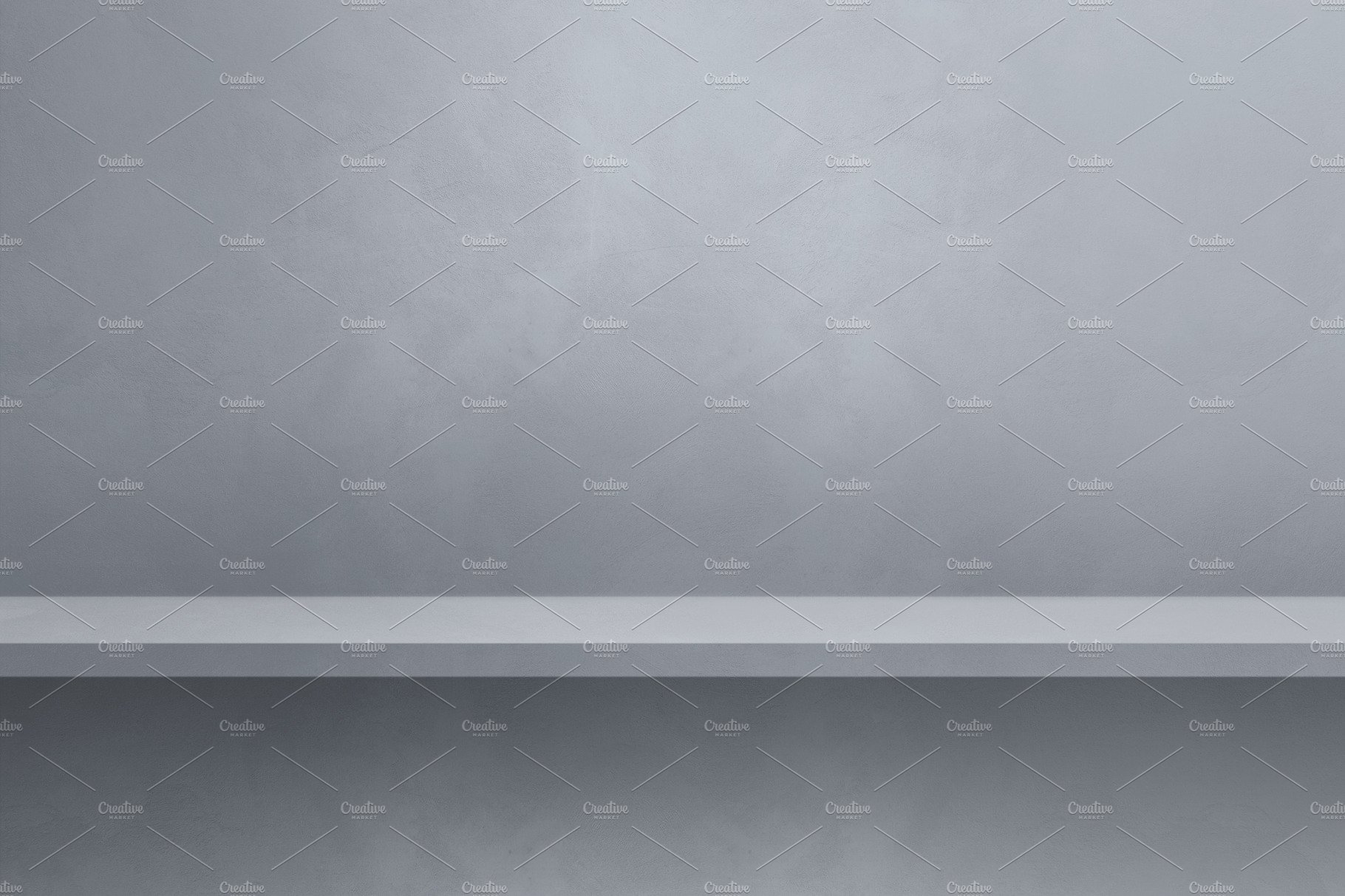 Empty shelf on a grey wall. Background template. Horizontal back cover image.