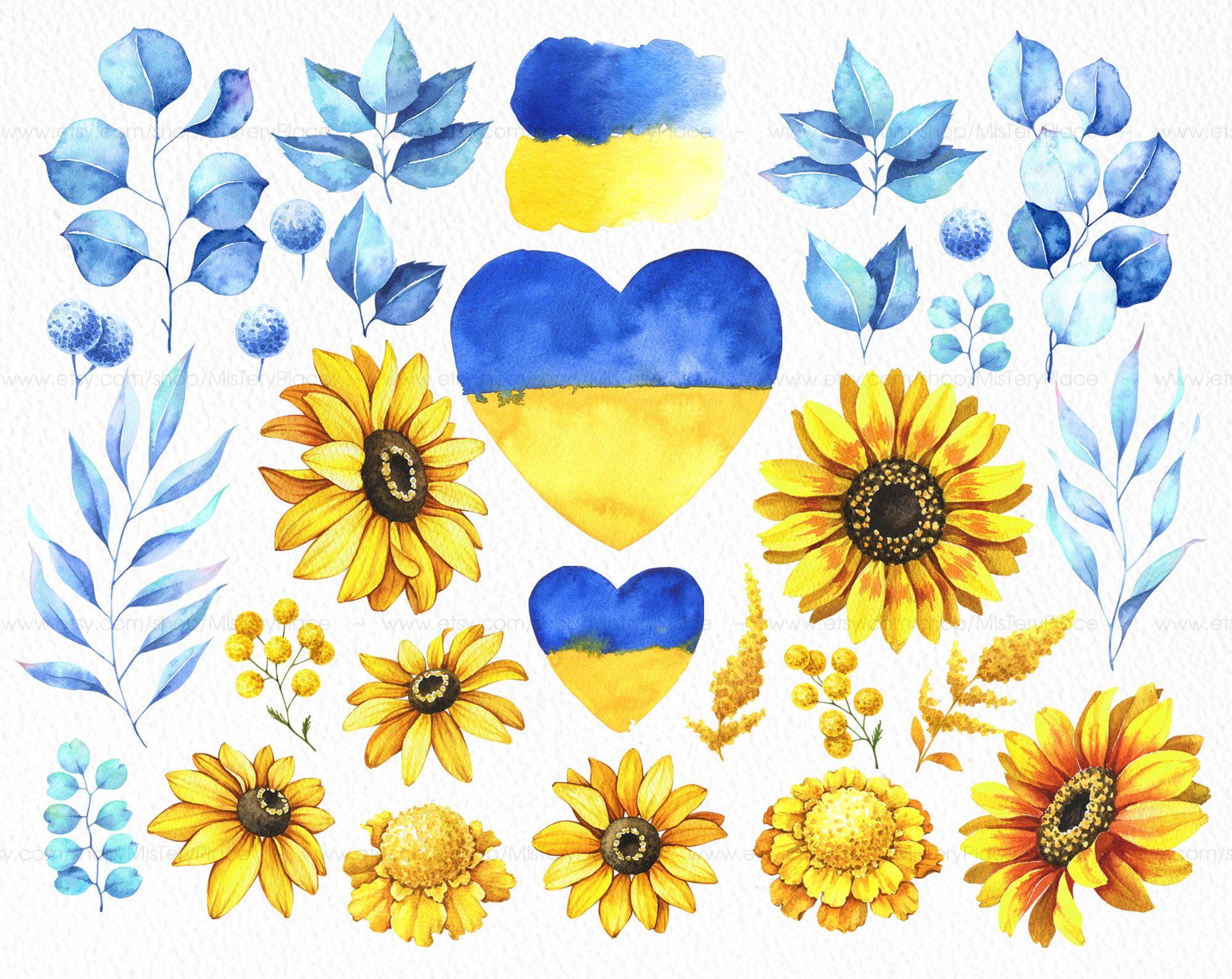 Ukraine flowers watercolor clipart preview image.