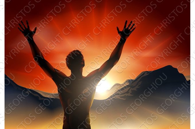 Man in silhouette arms raised on mountain cover image.