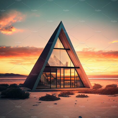 Contemporary house exterior with Triangular Roof at sunset cover image.