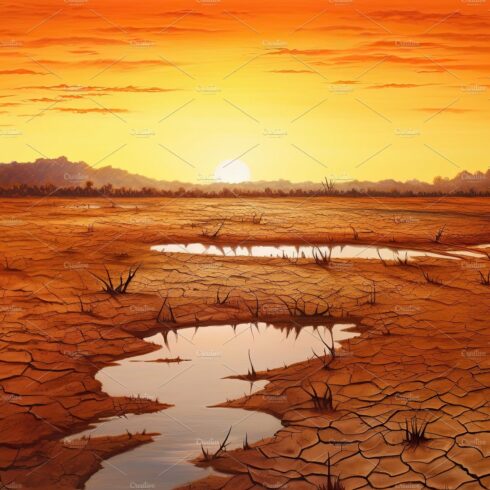 Dry land at sunset, representing drought and lack of water, climate change ... cover image.