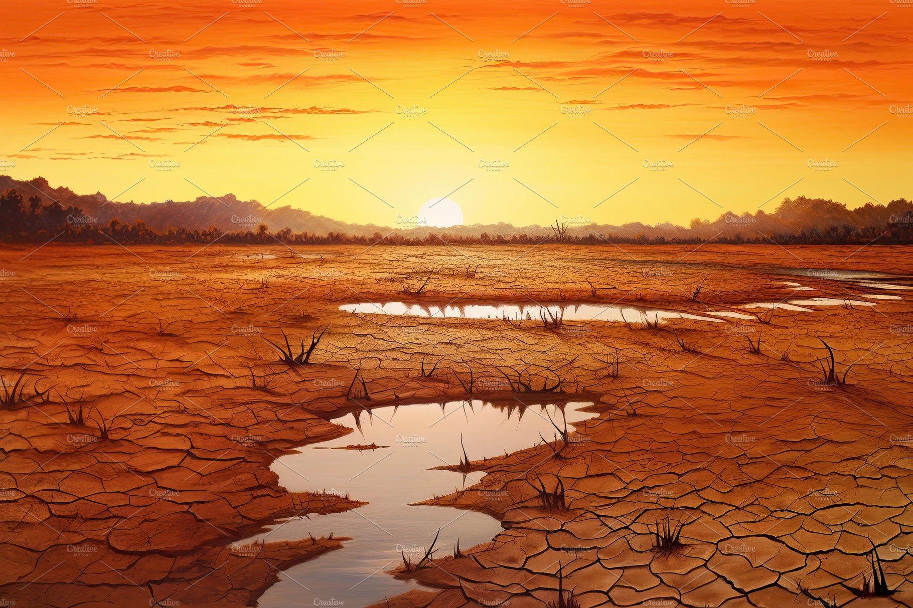 Dry land at sunset, representing drought and lack of water, climate change ... cover image.