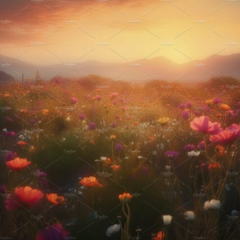 Amazing sunset over a beautiful landscape covered of flowers. Generative AI cover image.