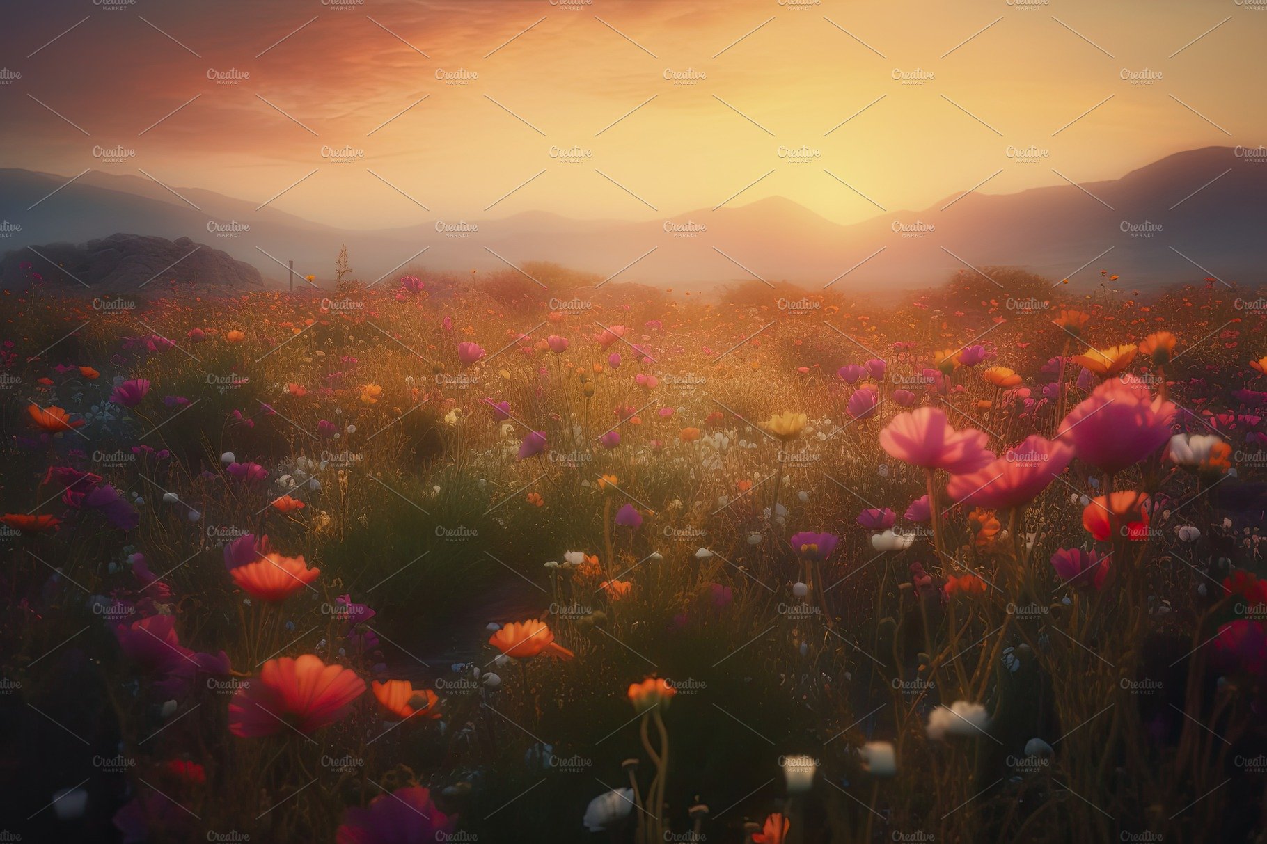 Amazing sunset over a beautiful landscape covered of flowers. Generative AI cover image.