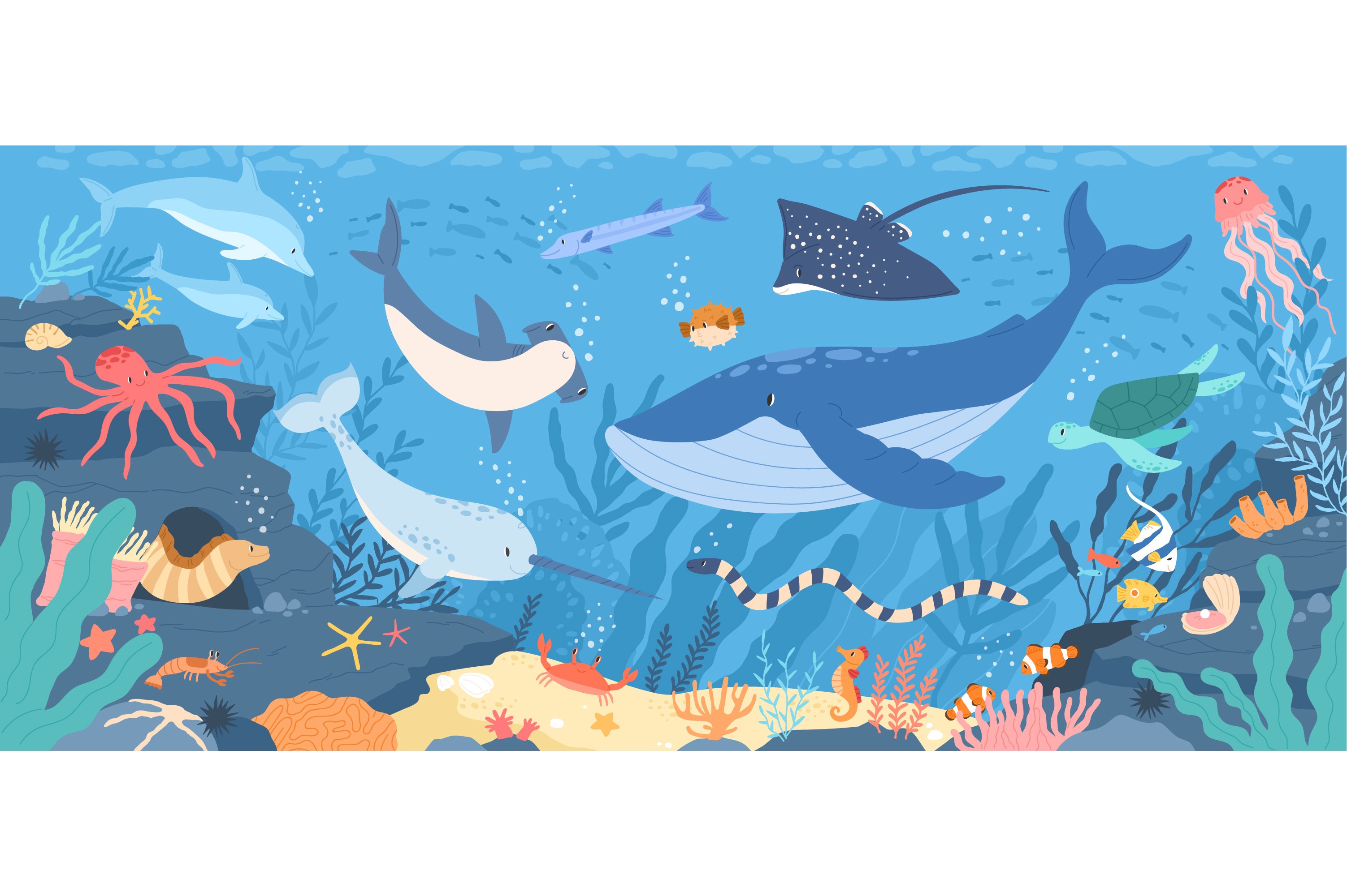 Fish and marine animals in ocean cover image.