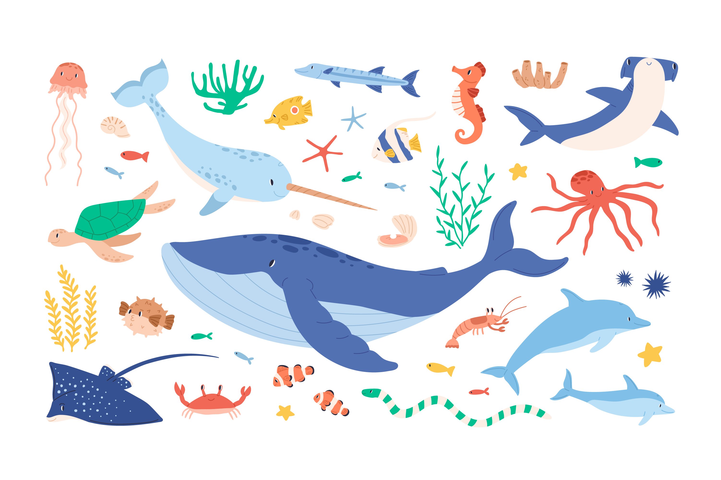 Fish and sea animals set preview image.