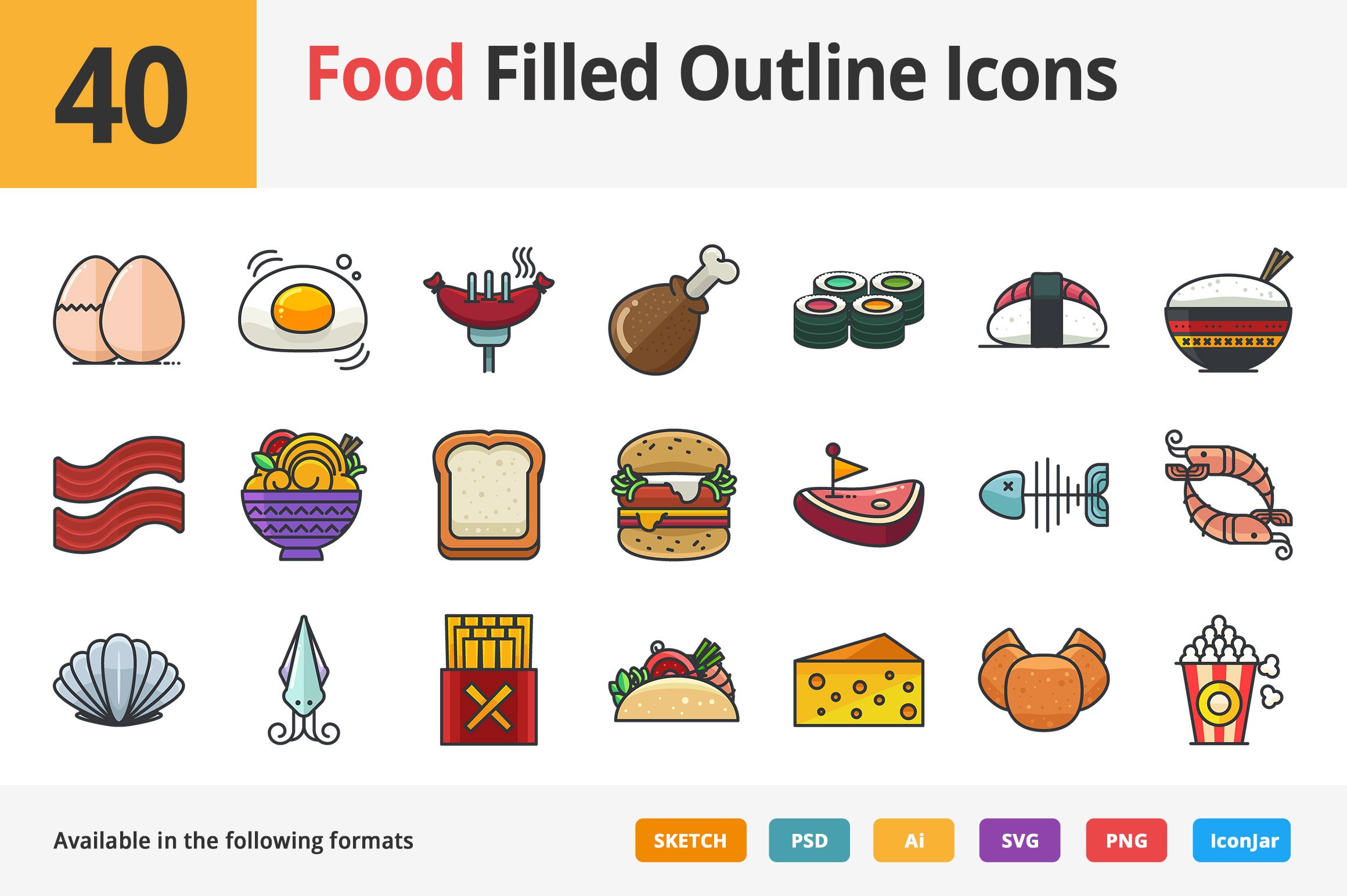 40 Food Filled Outline Icons preview image.