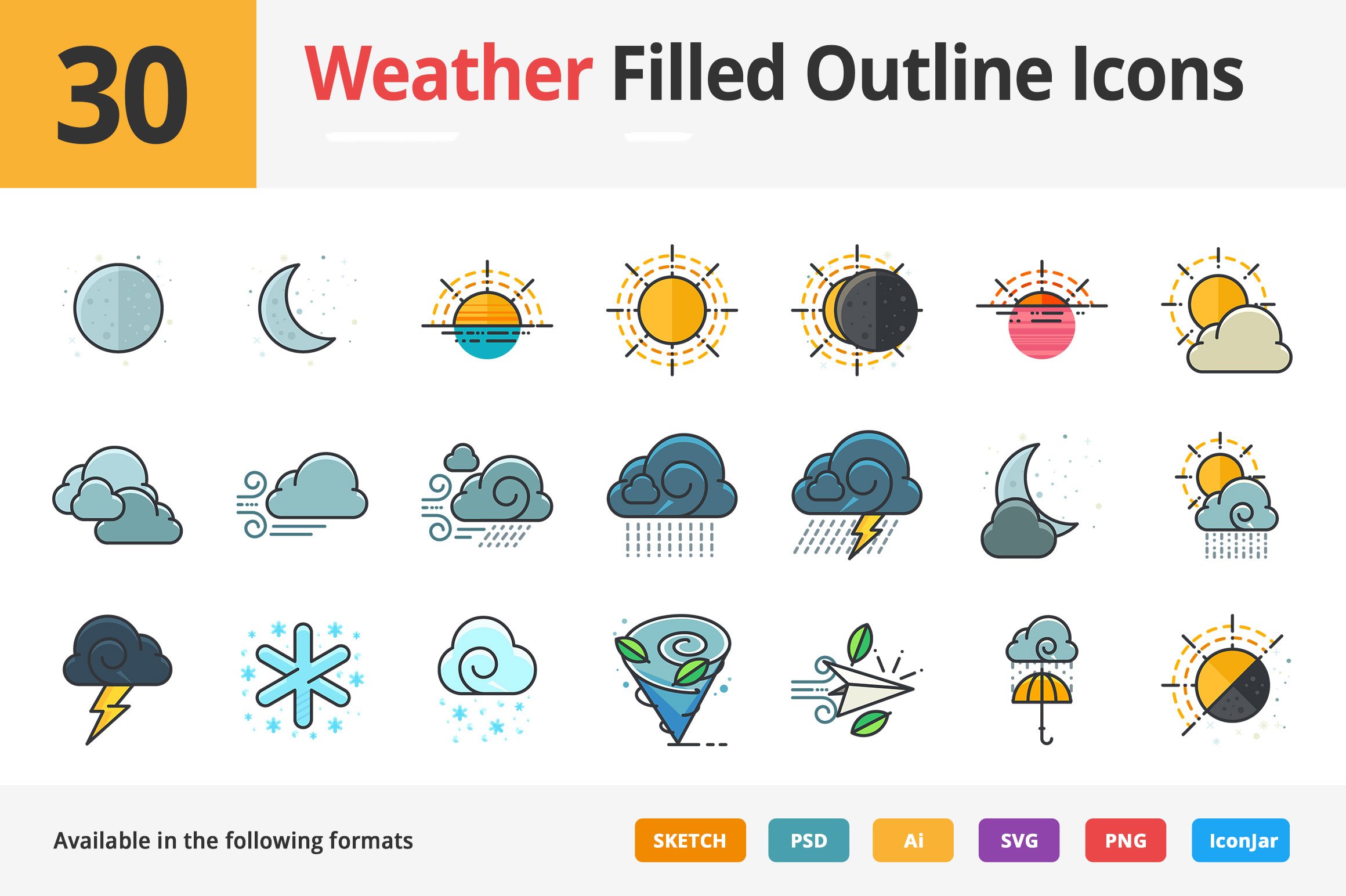30 Weather Filled Outline Icons preview image.