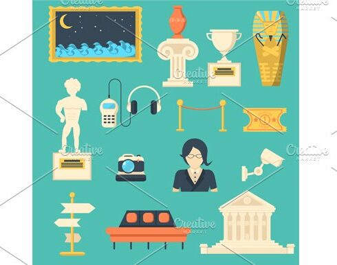 Museum flat icons set for web cover image.