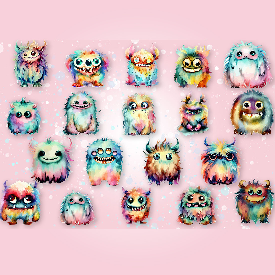 Cute Monsters Watercolour Bundle Clipart preview image.