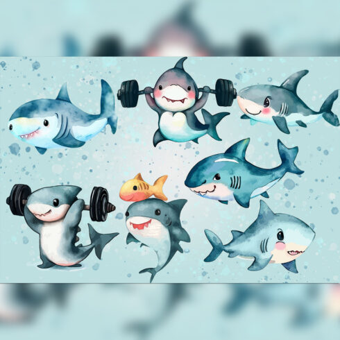 Cute Shark Watercolor Clipart cover image.