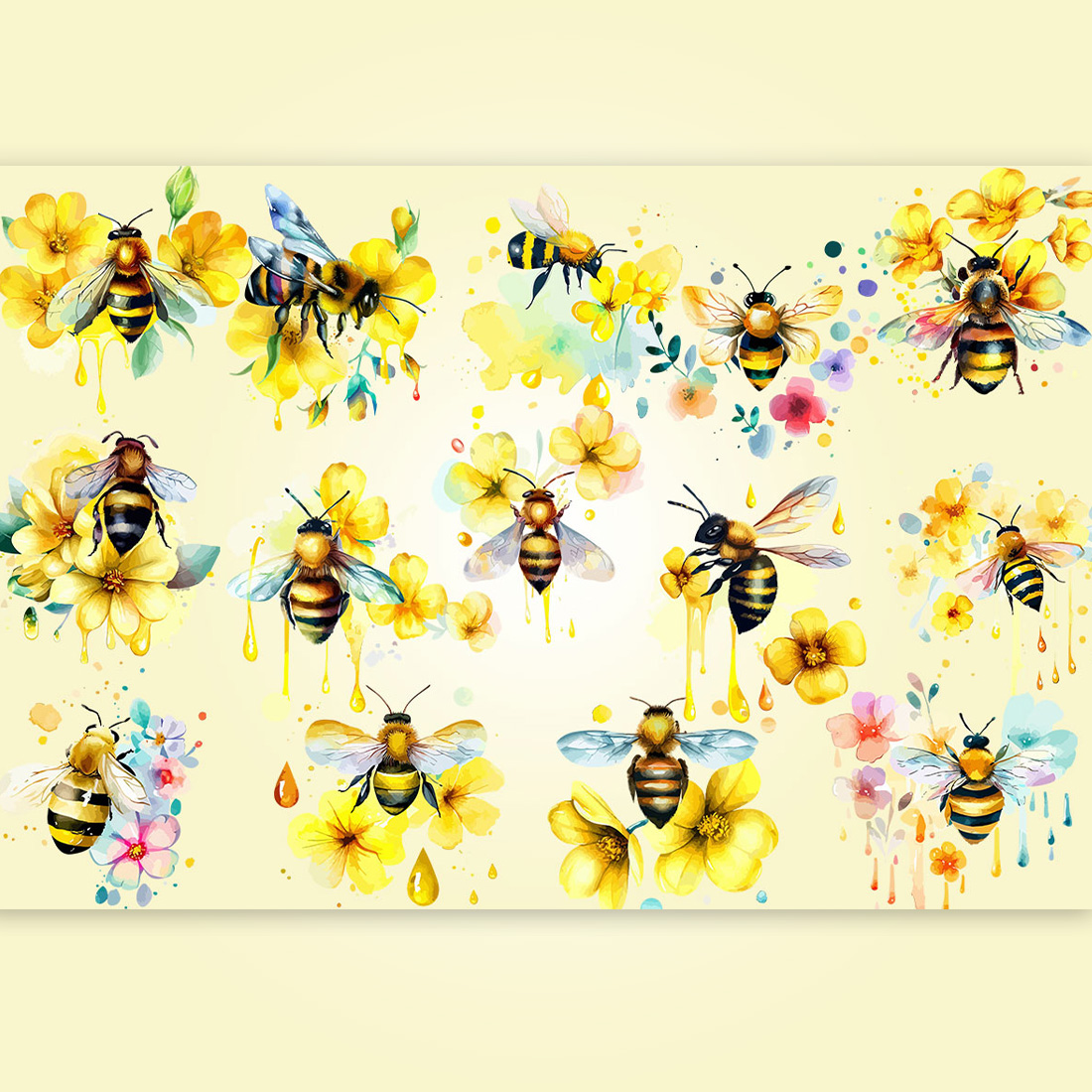 Bee Flowers Watercolor Bundle preview image.
