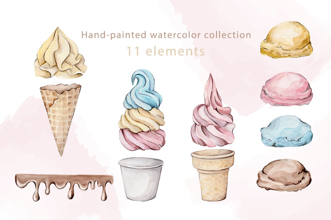 Watercolor ice cream waffle cone preview image.