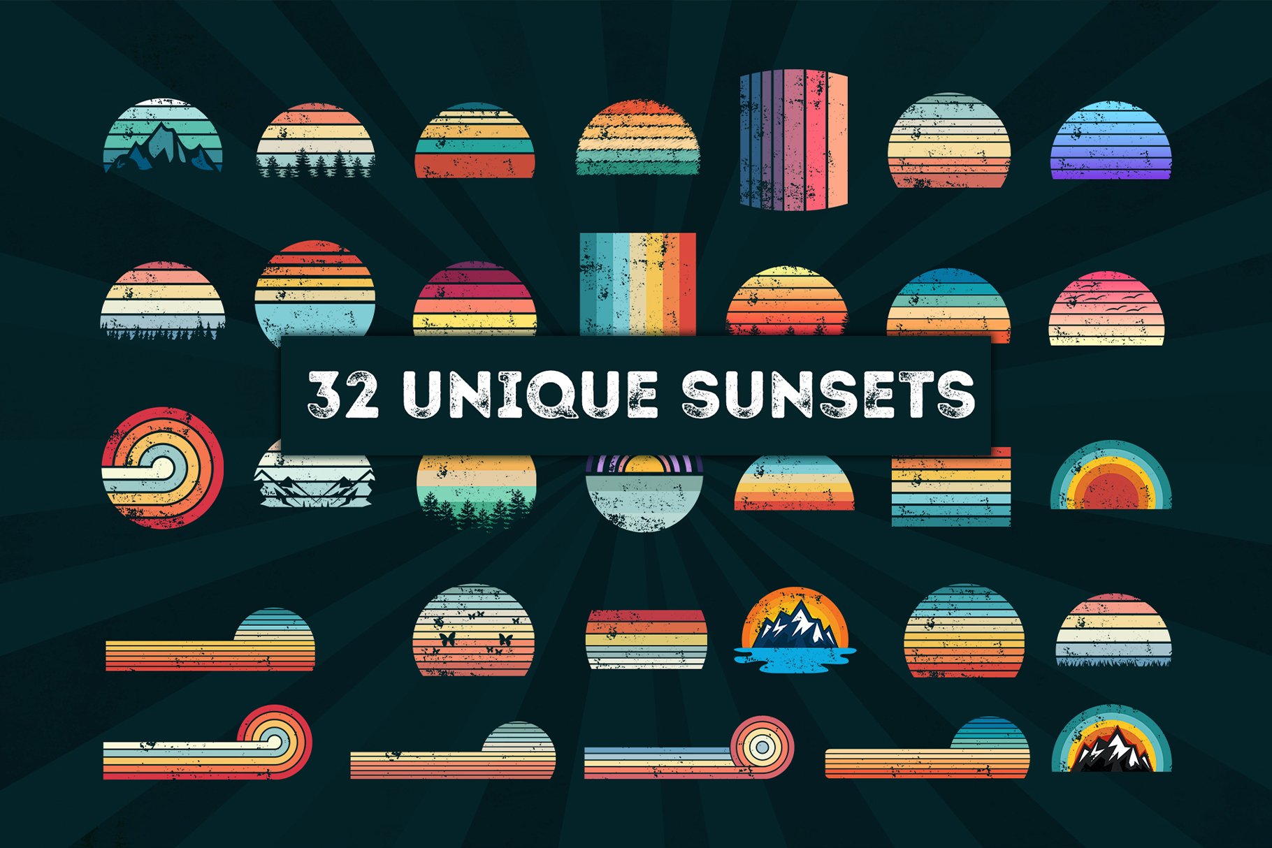 32 Vintage Sunset Bundle SVG PNG PDF preview image.