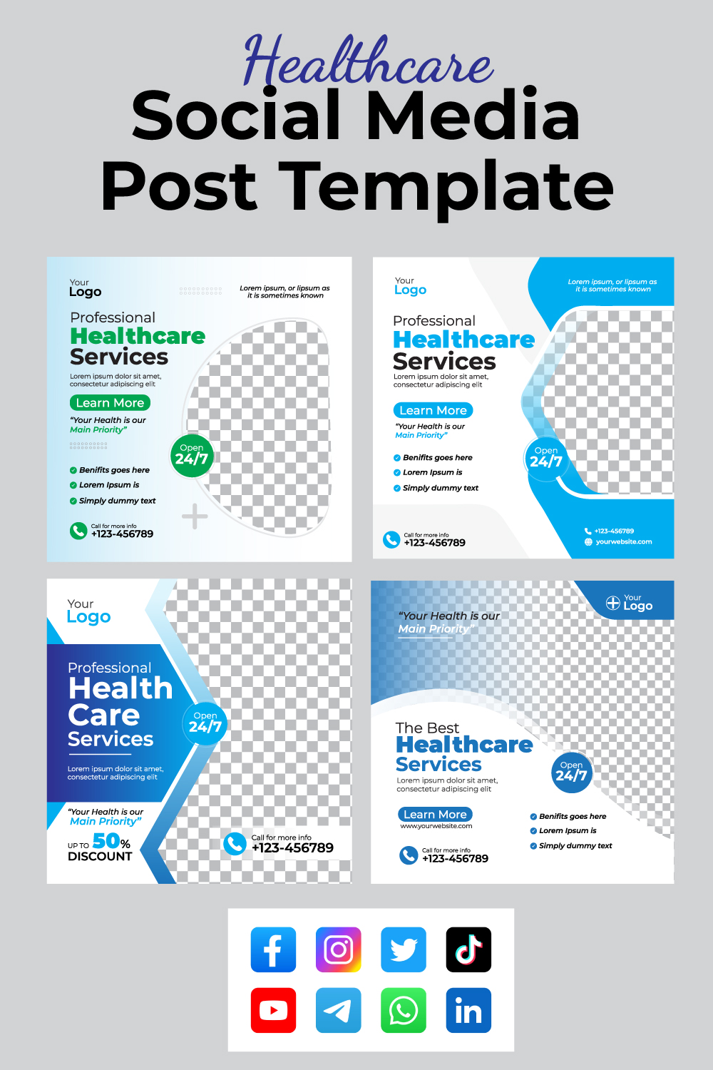Healthcare social media post template pinterest preview image.