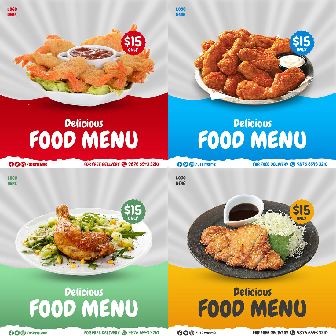 4 Delicious Food Menu Social Media Post Design Templates preview image.