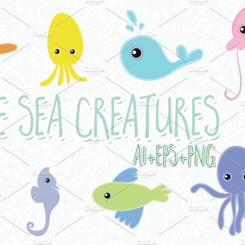 8 hand drawn cute sea creatures cover image.
