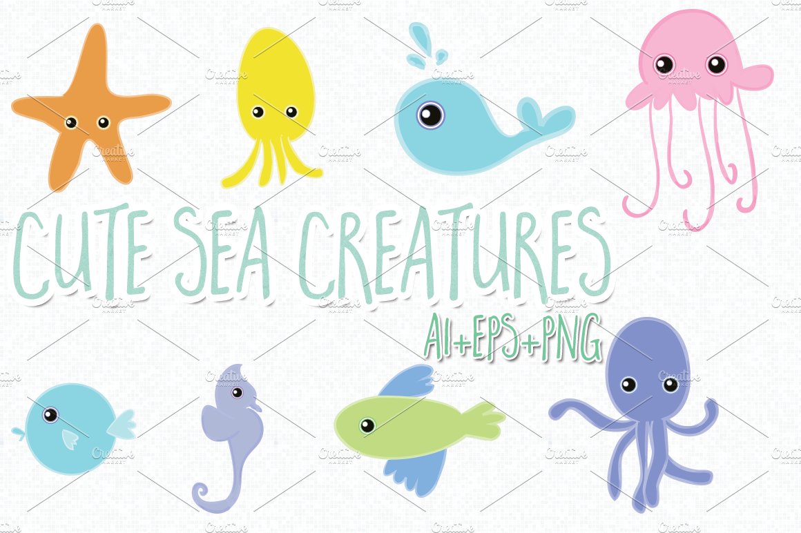 8 hand drawn cute sea creatures cover image.