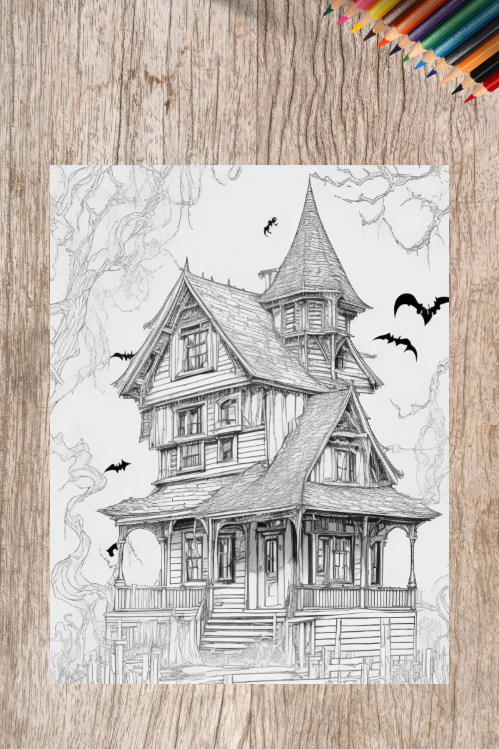 A haunted house with ghosts and cobwebs coloring page for adult 3 pinterest preview image.