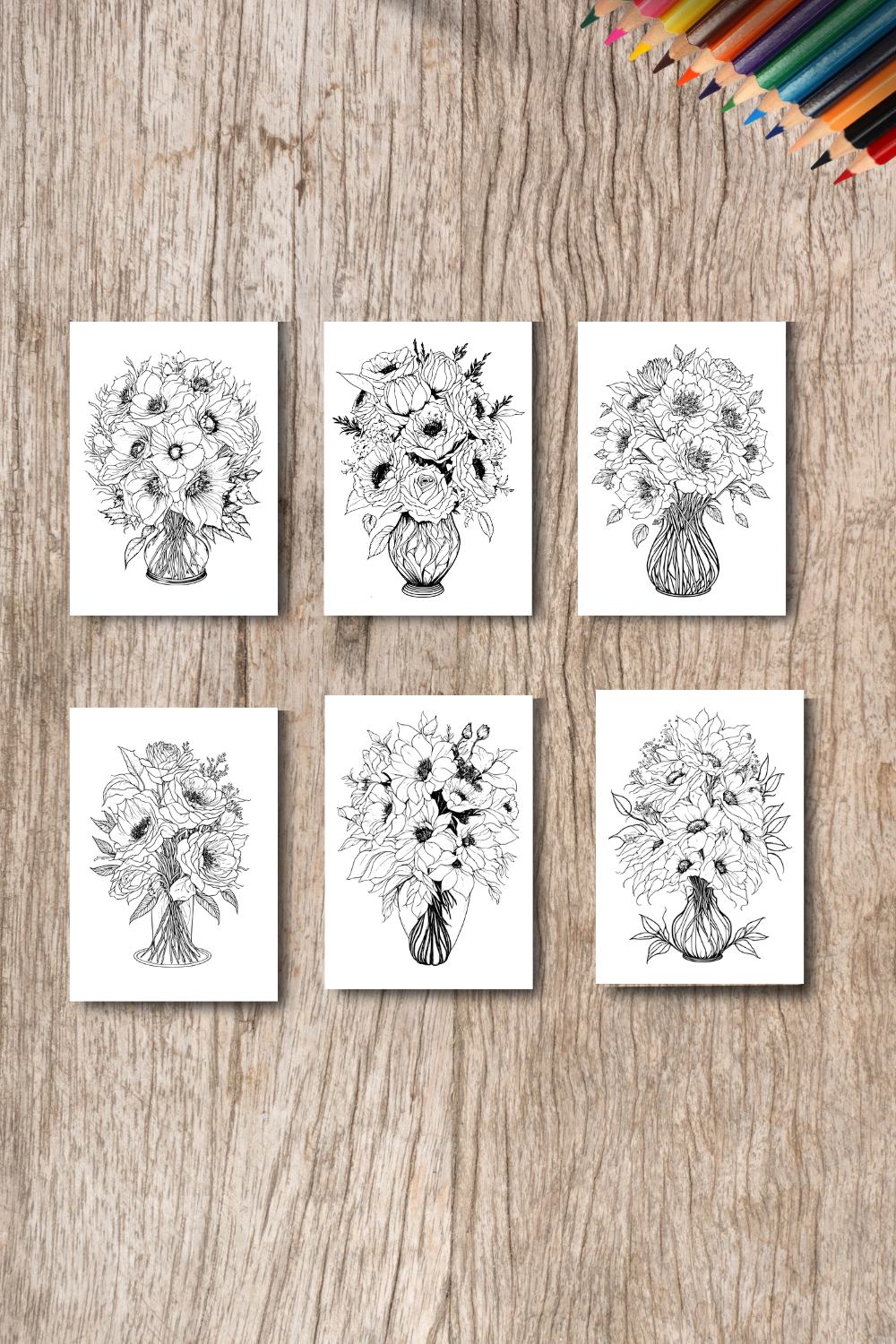 6 Flower Drawing Floral Coloring Pages For Adults (SVG and PNG) pinterest preview image.