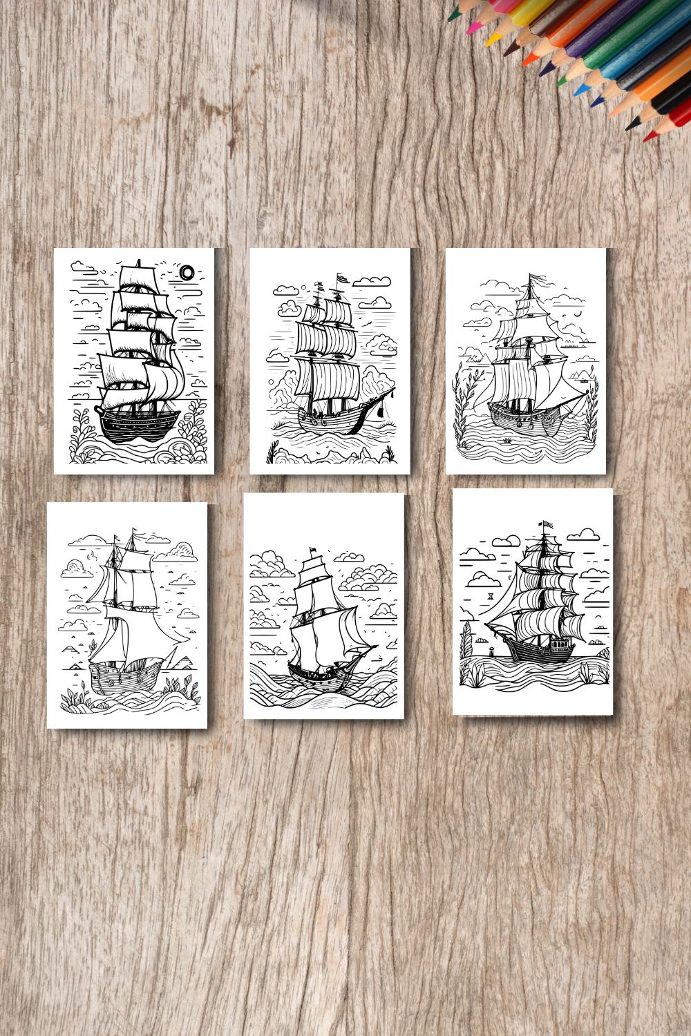 coloring pages bundle for adults drawn illustration cute doodle (seascape with Spanish Galleon)3 pinterest preview image.