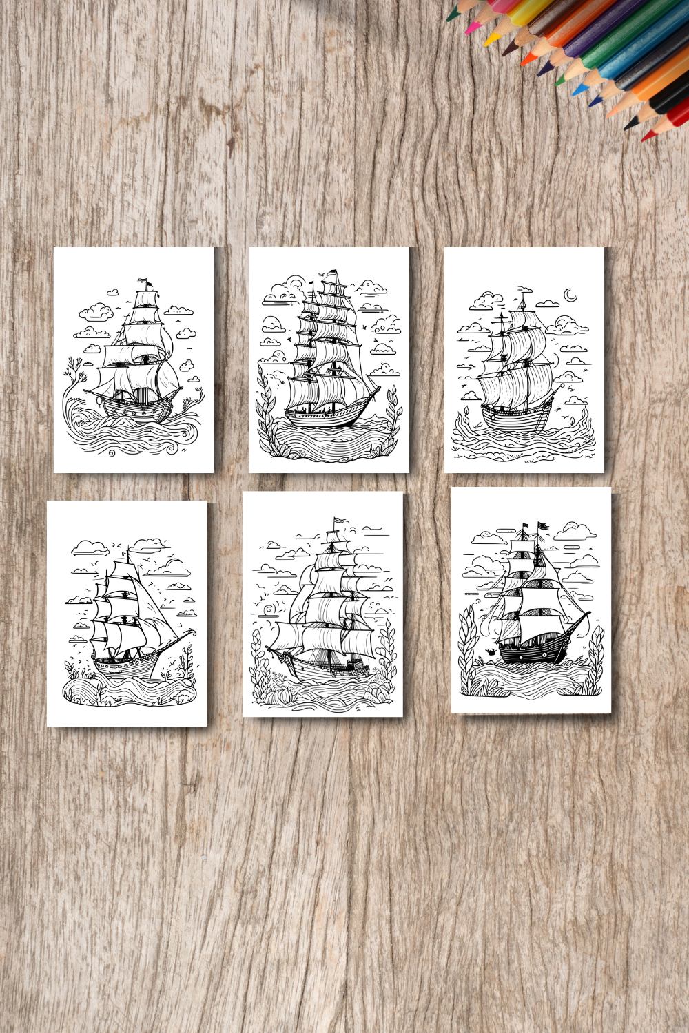 coloring pages bundle for adults drawn illustration cute doodle (seascape with Spanish Galleon) pinterest preview image.