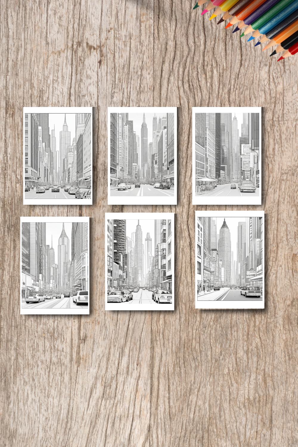 A cityscape with skyscrapers and a busy street scene coloring page 5 pinterest preview image.