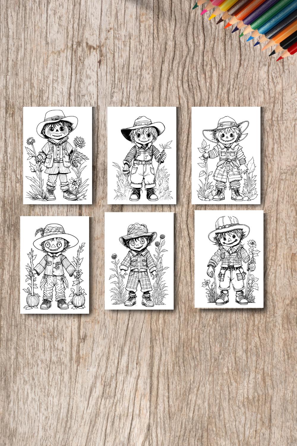 coloring pages bundle for adults,A illustration of cute scarecrow character horror and creepy pinterest preview image.