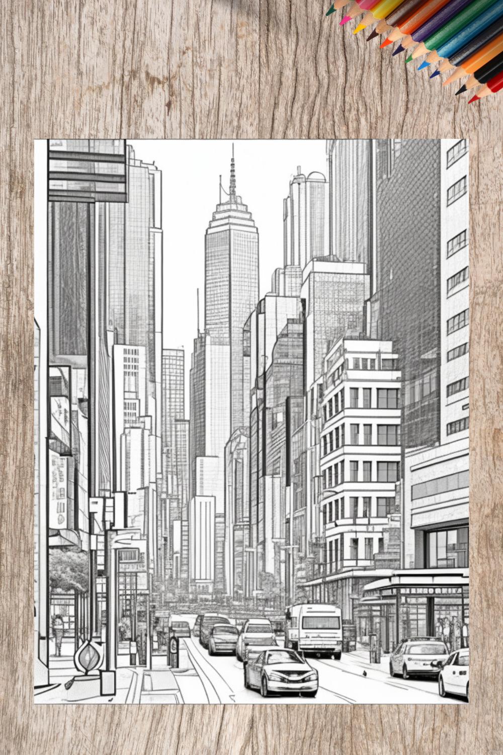 A cityscape with skyscrapers and a busy street scene coloring page 6 pinterest preview image.