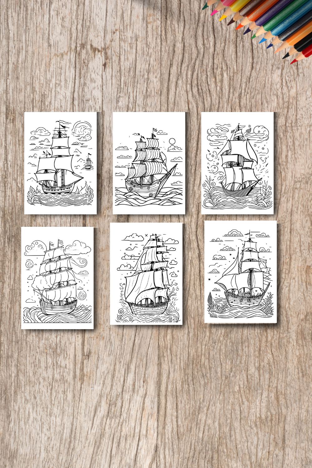 coloring pages bundle for adults drawn illustration cute doodle (seascape with Spanish Galleon) pinterest preview image.