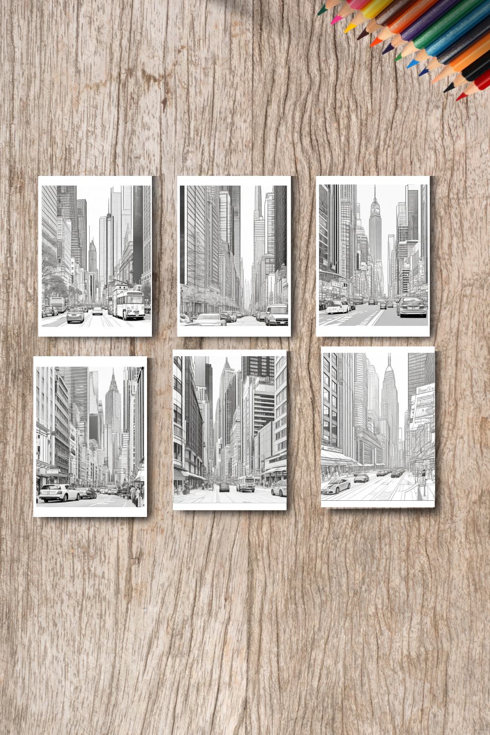 A cityscape with skyscrapers and a busy street scene coloring page 1 pinterest preview image.