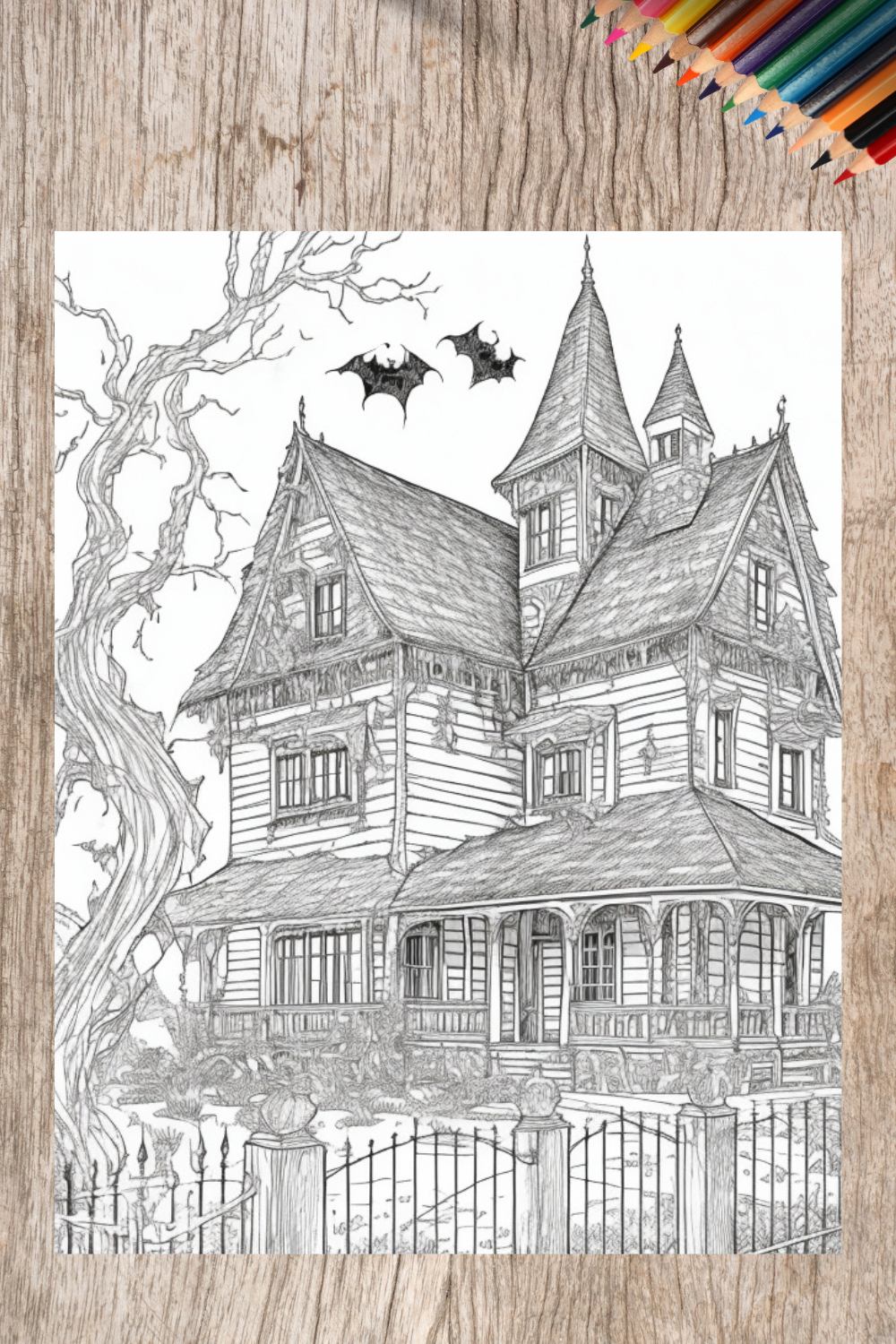 A haunted house with ghosts and cobwebs coloring page for adult pinterest preview image.