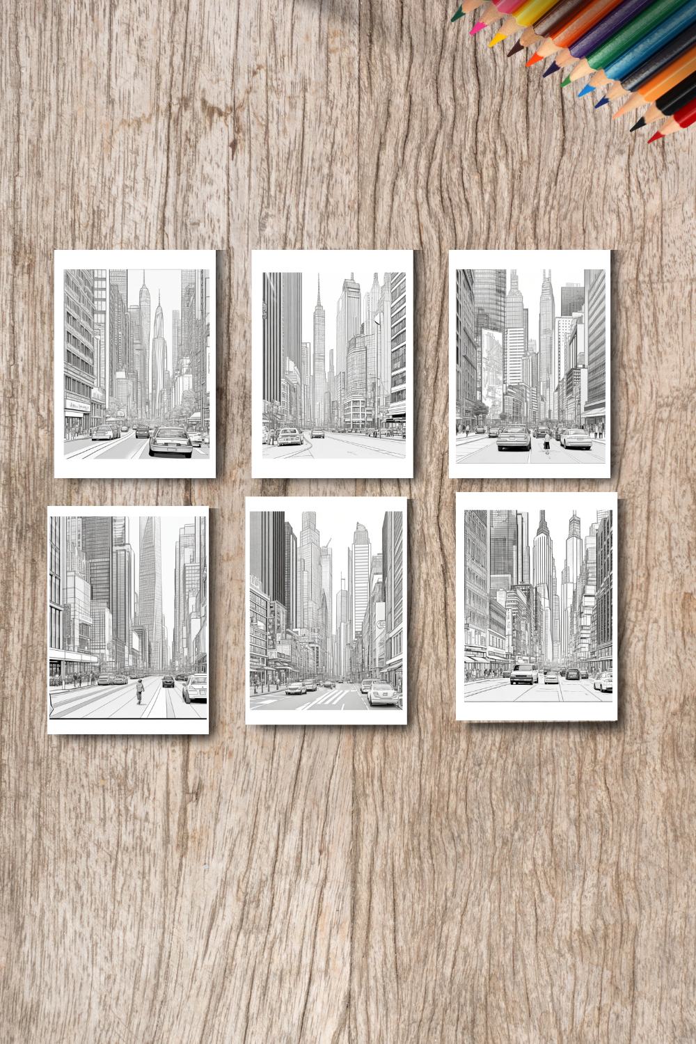 A cityscape with skyscrapers and a busy street scene coloring page 4 pinterest preview image.