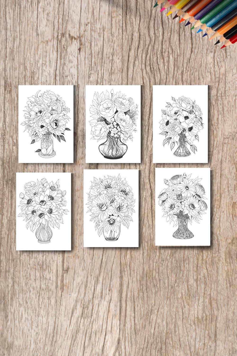 Flower Drawing Floral Coloring Pages Bundle For Adults (SVG and PNG) pinterest preview image.