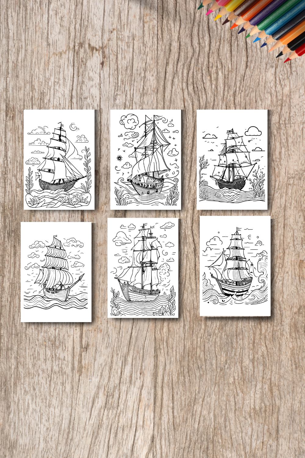 coloring pages bundle for adults drawn illustration cute doodle (seascape with Spanish Galleon) pinterest preview image.