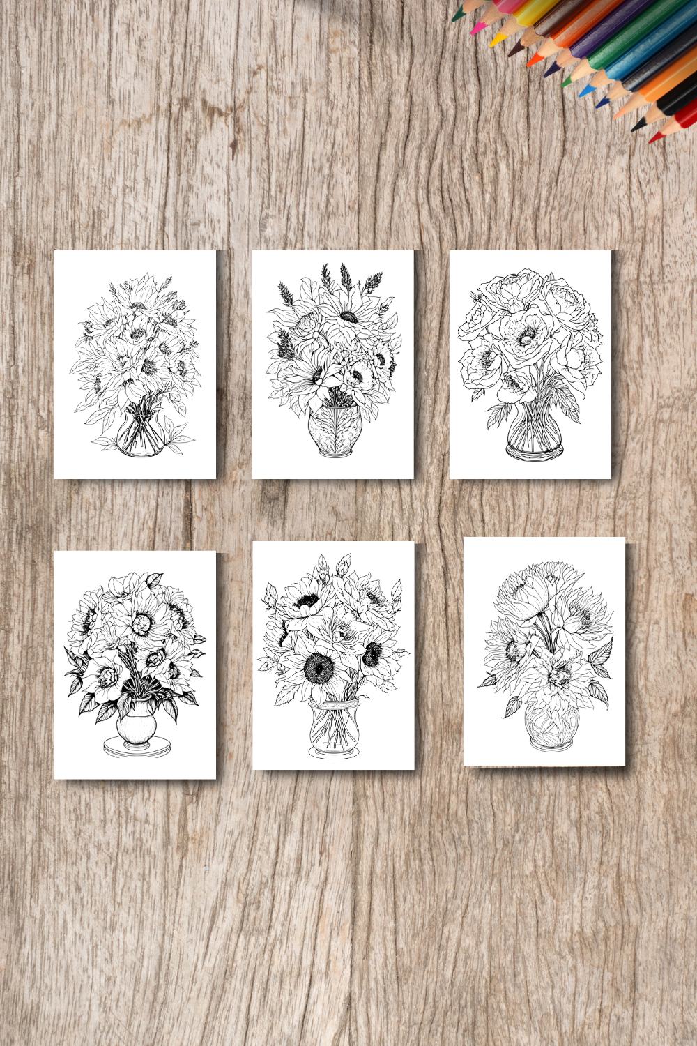 Flower Drawing Floral Coloring Pages Bundle For Adults (SVG and PNG) pinterest preview image.