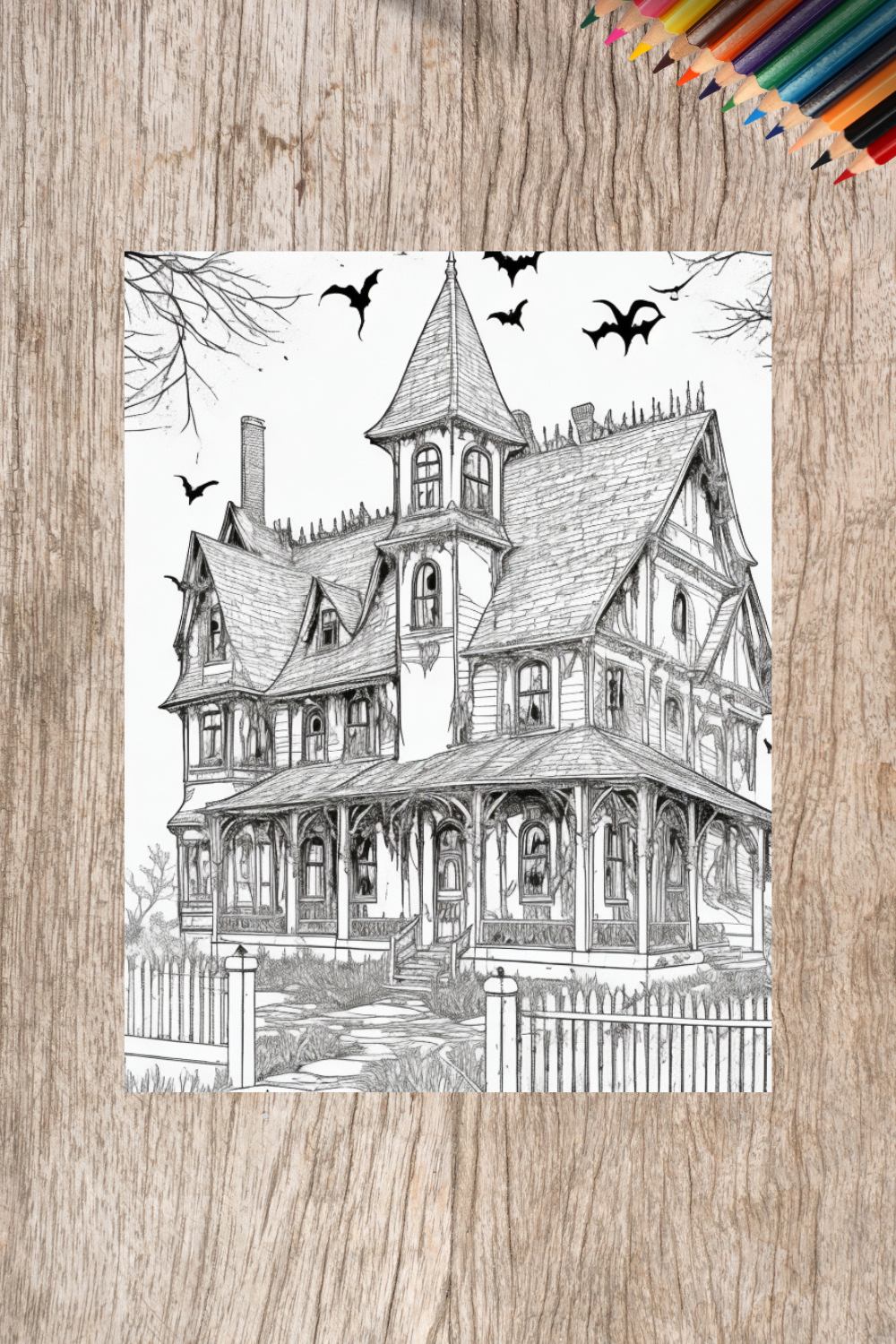 A haunted house with ghosts and cobwebs coloring page for adult 4 pinterest preview image.