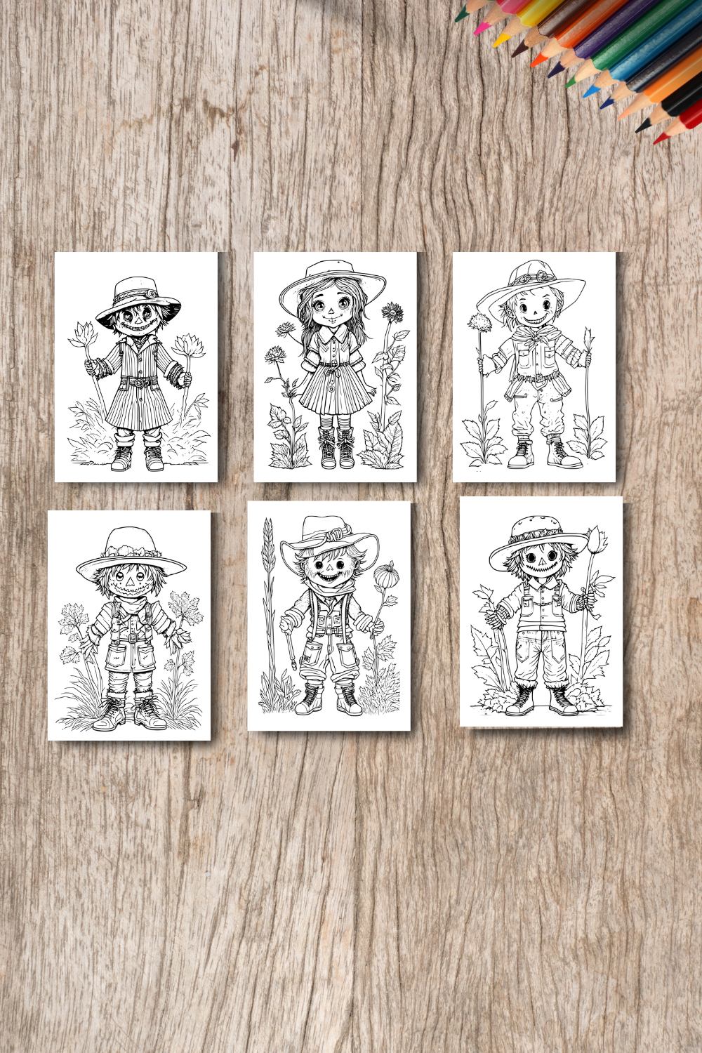 coloring pages bundle for adults,A illustration of cute scarecrow character pinterest preview image.