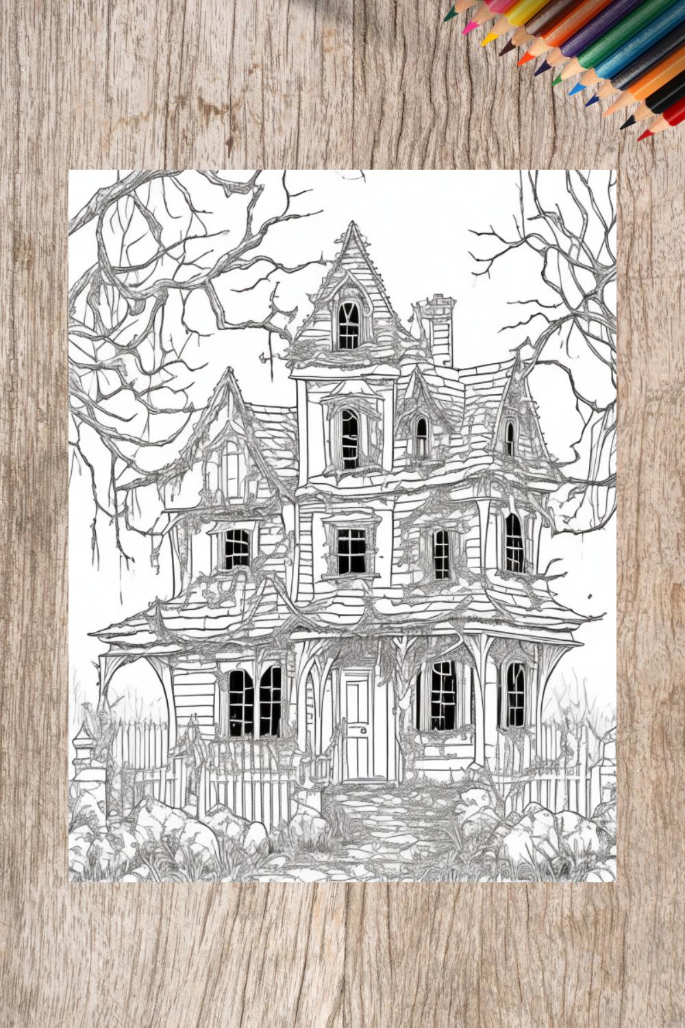 A haunted house with ghosts and cobwebs coloring page for adult 2 pinterest preview image.