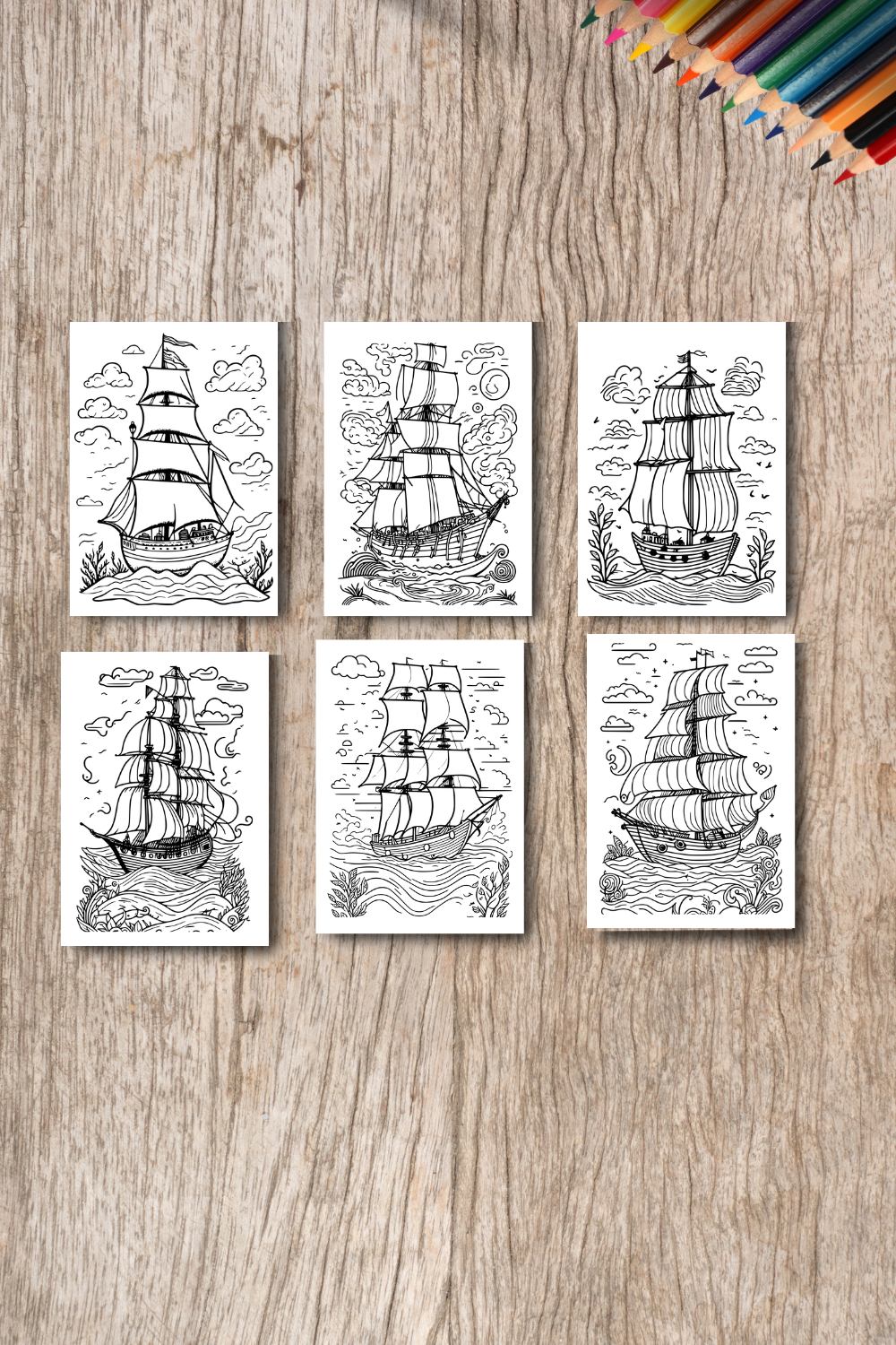 coloring pages bundle for adults drawn illustration cute doodle (seascape with Spanish Galleon) 2 pinterest preview image.